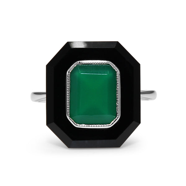 9ct White Gold Onyx and Green Agate Deco Style Ring