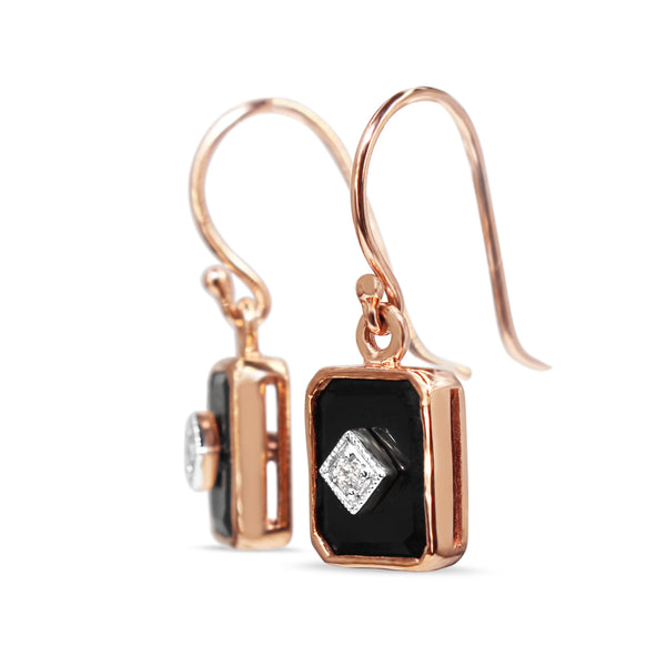 9ct Rose Gold Onyx and Diamond Drop Earrings