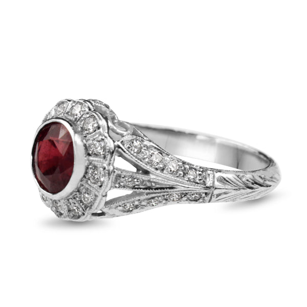 18ct White Gold Treated Ruby and Diamond Daisy Flower Style Ring