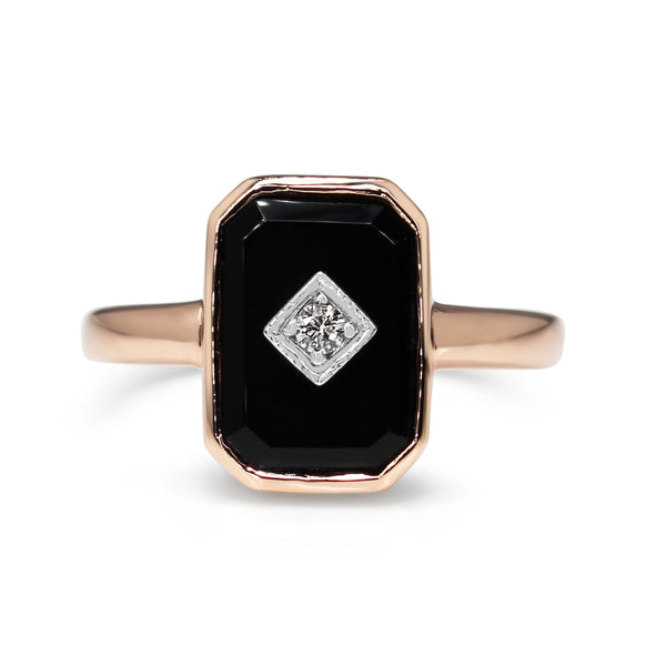 9ct Rose Gold Onyx and Diamond Rectangle Ring