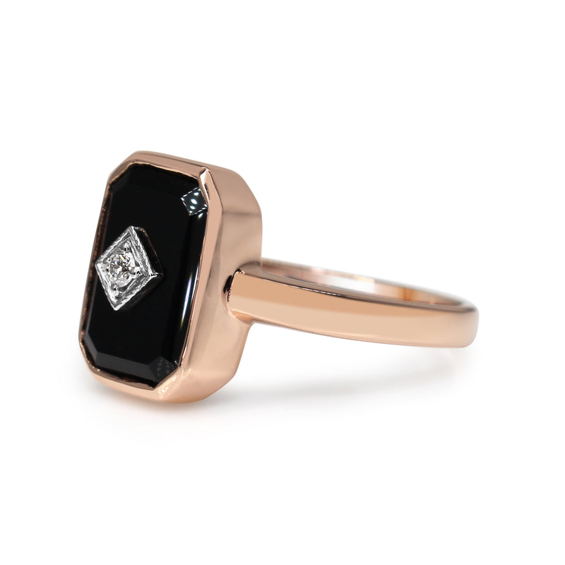 9ct Rose Gold Onyx and Diamond Rectangle Ring