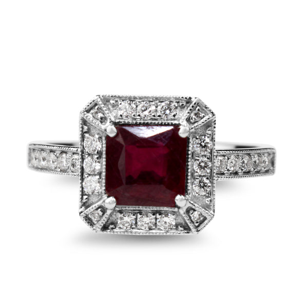 18ct White Gold Treated Ruby and Diamond Halo Ring