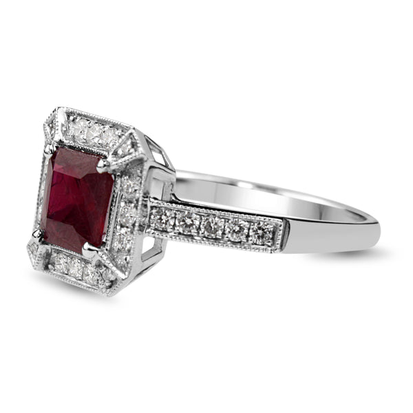 18ct White Gold Treated Ruby and Diamond Halo Ring