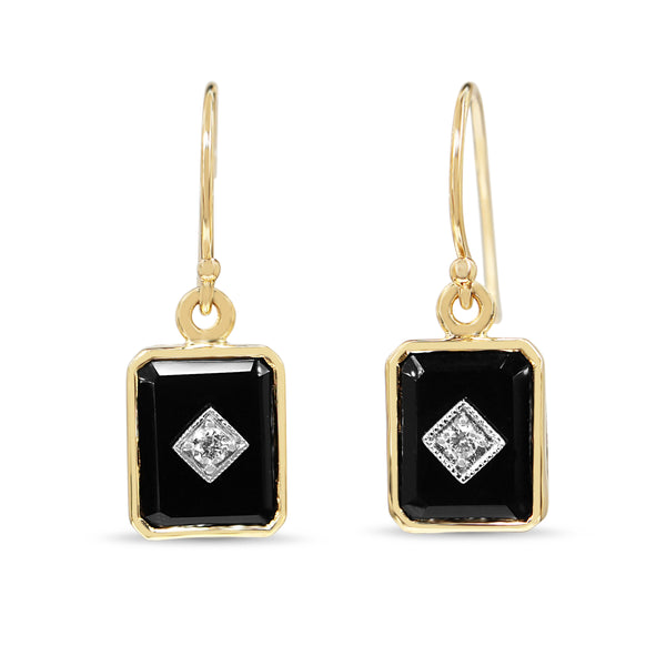 9ct Yellow Gold Onyx and Diamond Drop Earrings