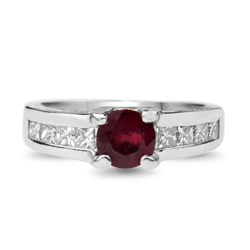 Platinum Treated Ruby and Princess Cut Diamond Vintage Ring