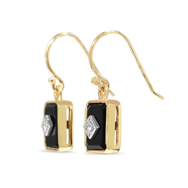 9ct Yellow Gold Onyx and Diamond Drop Earrings