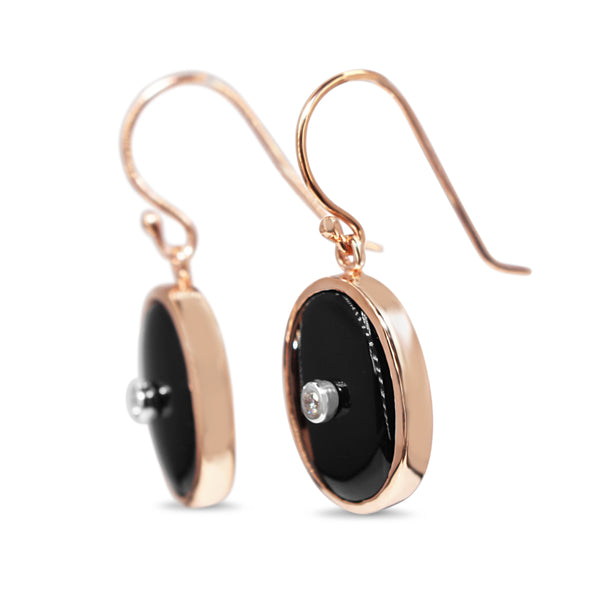 9ct Rose Gold Large Oval Onyx and Diamond Earrings