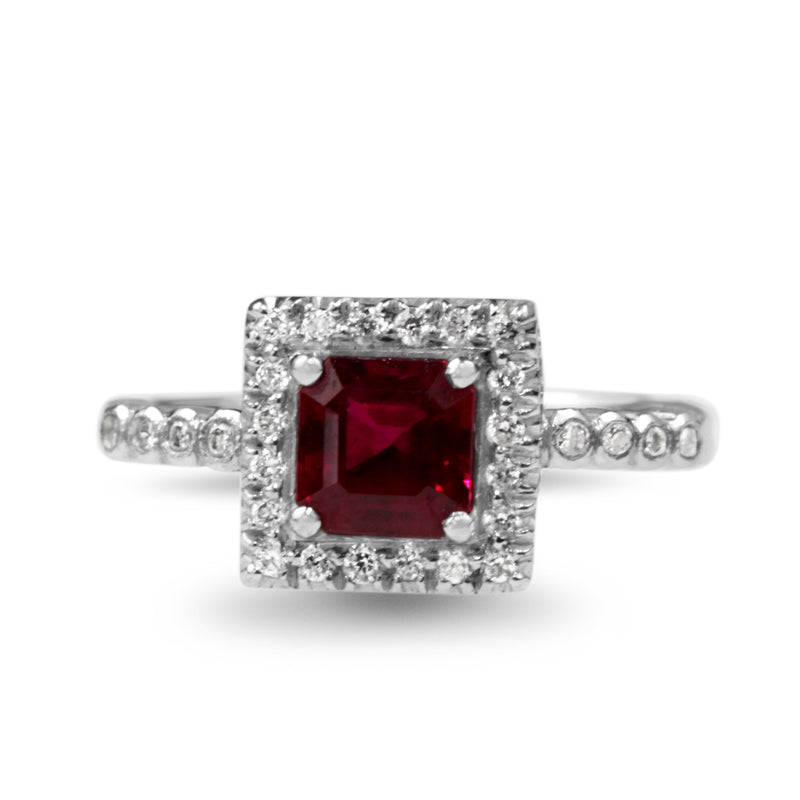 18ct White Gold Ruby and Diamond Square Halo Ring