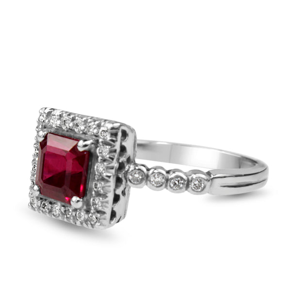 18ct White Gold Ruby and Diamond Square Halo Ring