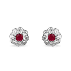 9ct White Gold Ruby and Diamond Daisy Stud Earrings