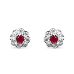 9ct White Gold Ruby and Diamond Daisy Stud Earrings
