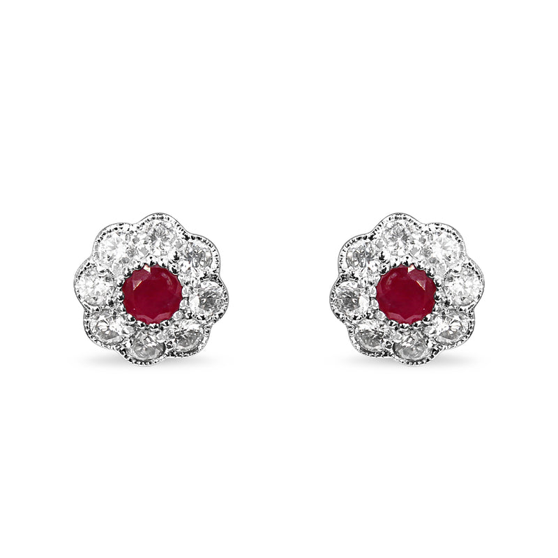 9ct White Gold Ruby and Diamond Daisy Stud Earrings