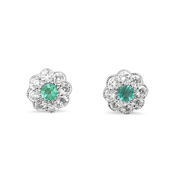 9ct White Gold Emerald and Diamond Daisy Stud Earrings