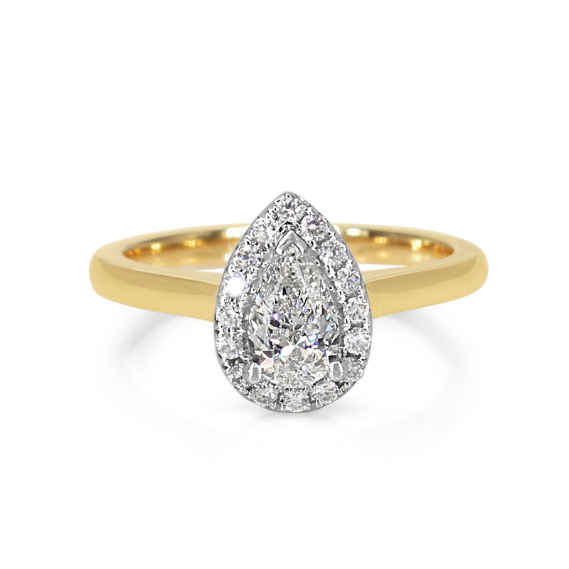 18ct Yellow and White Gold Pear Shaped Diamond Halo Ring