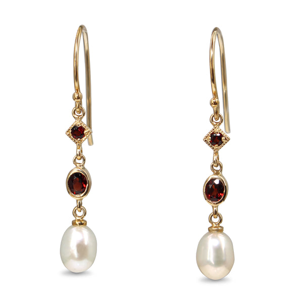 9ct Yellow Gold Garnet and Pearl Drop Earrings