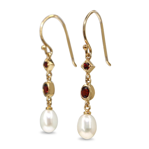 9ct Yellow Gold Garnet and Pearl Drop Earrings