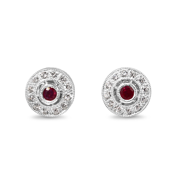 18ct White Gold Ruby and Diamond Halo Stud Earrings