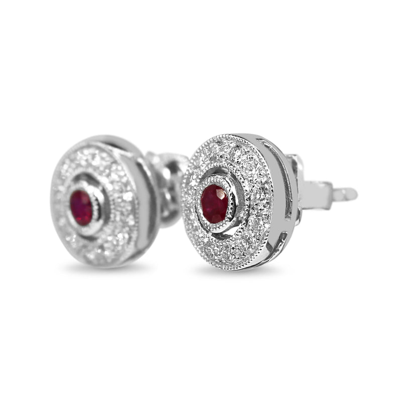 18ct White Gold Ruby and Diamond Halo Stud Earrings