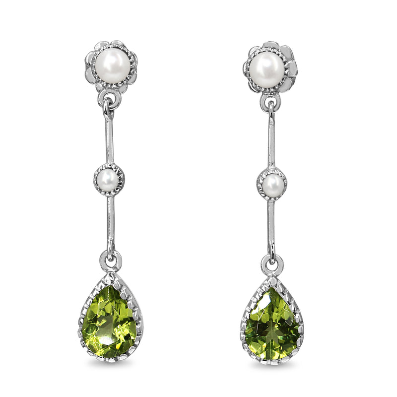 9ct White Gold Peridot and Pearl Drop Earrings