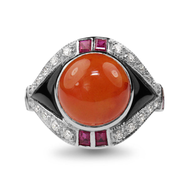 9ct White Gold Deco Style Carnelian, Ruby, Diamond and Onyx Ring