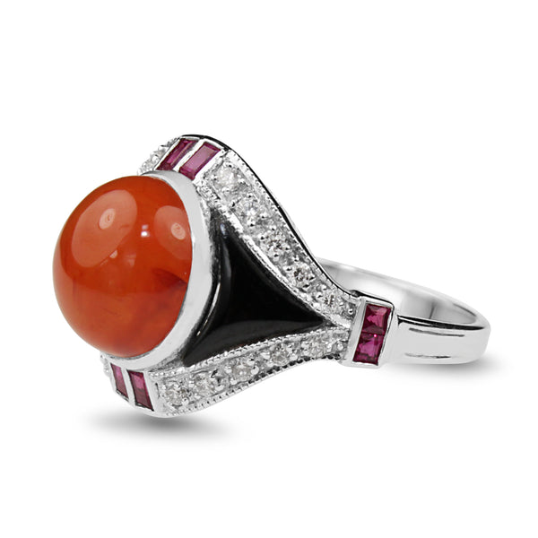 9ct White Gold Deco Style Carnelian, Ruby, Diamond and Onyx Ring