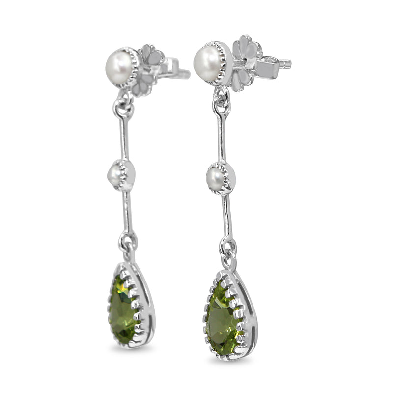 9ct White Gold Peridot and Pearl Drop Earrings