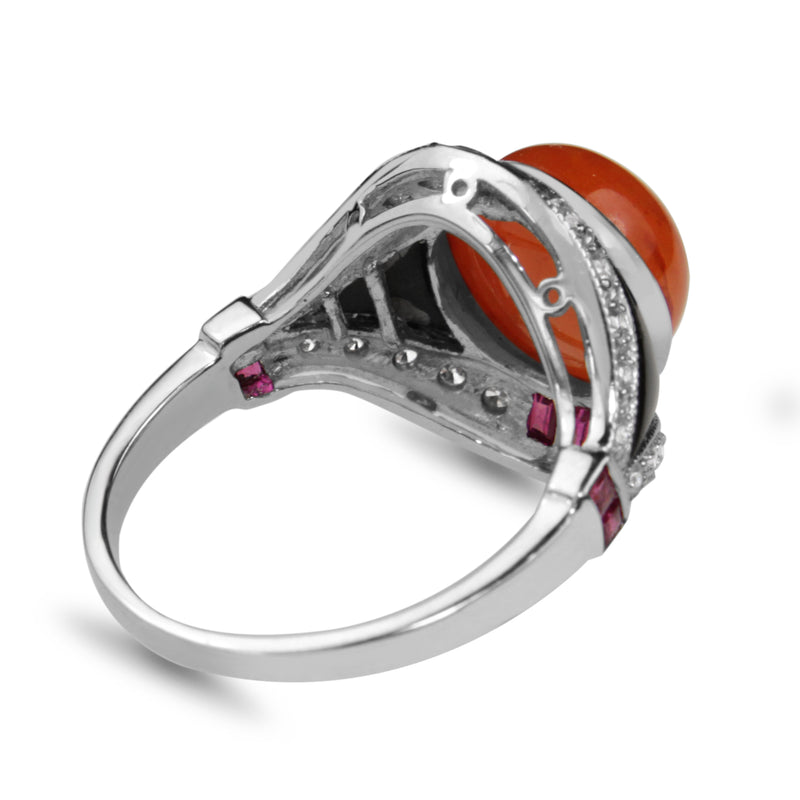 9ct White Gold Deco Style Carnelian, Ruby, Diamond and Onyx Ring