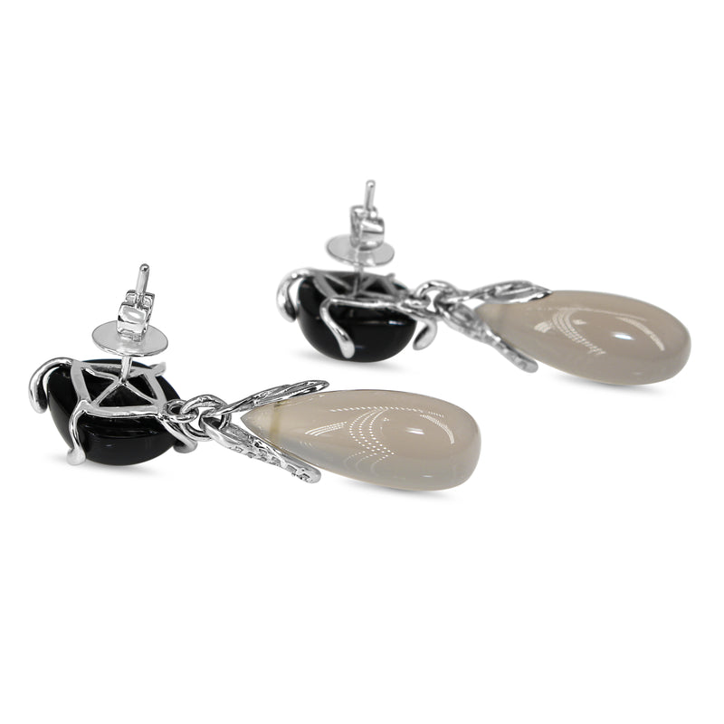 9ct White Gold Chalcedony, Diamond and Onyx Drop Earrings