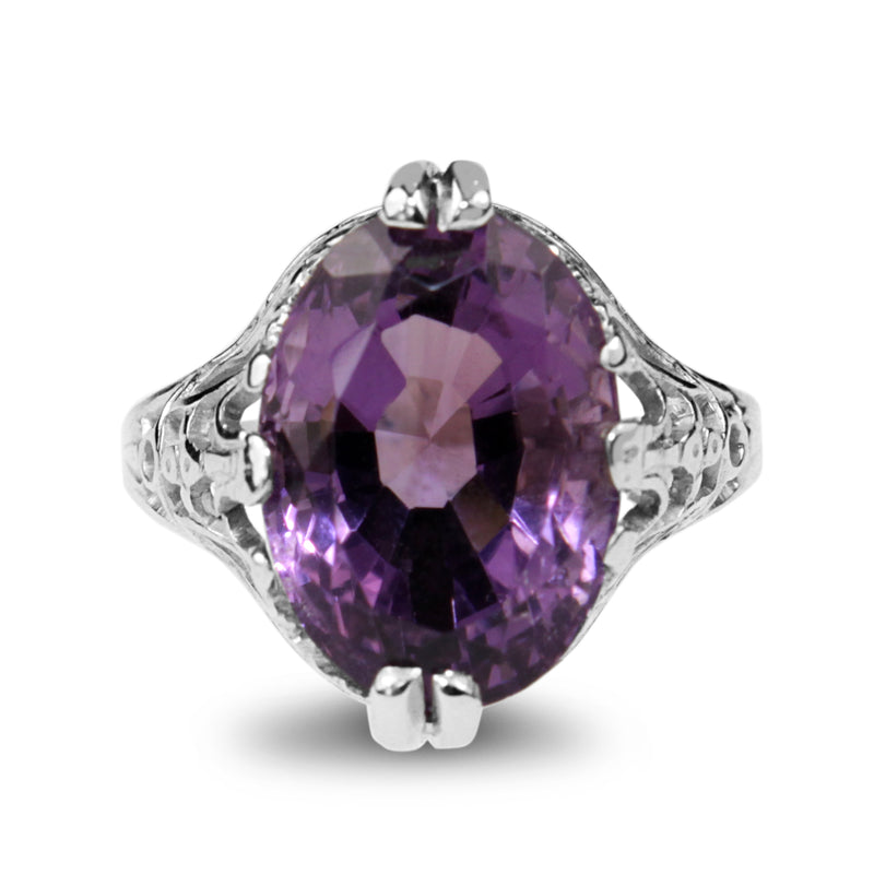 10ct White Gold Deco Amethyst Filigree Ring