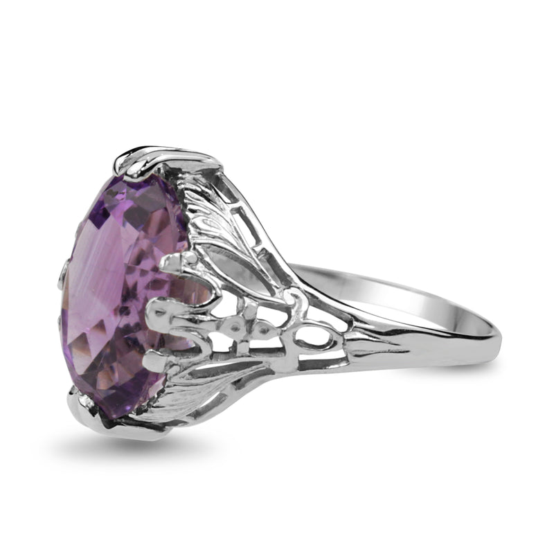 10ct White Gold Deco Amethyst Filigree Ring