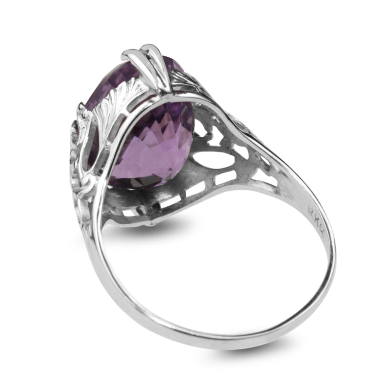 10ct White Gold Deco Amethyst Filigree Ring