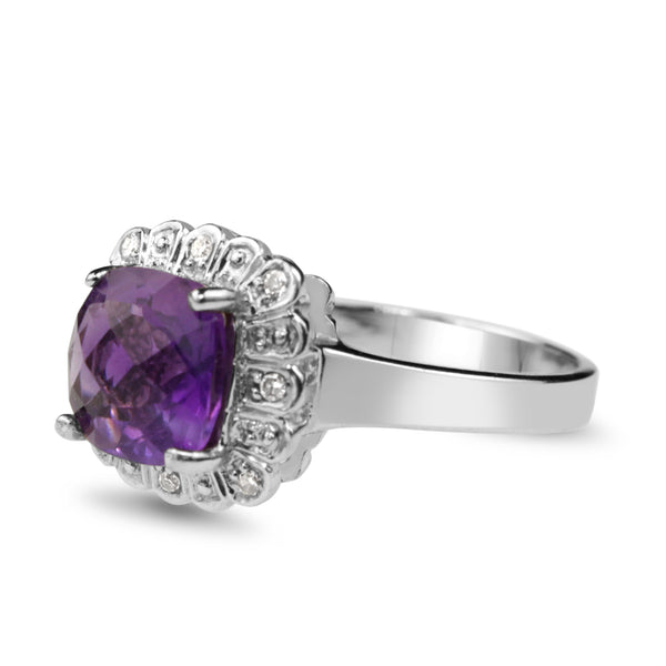 14ct White Gold Amethyst and Diamond Halo Ring