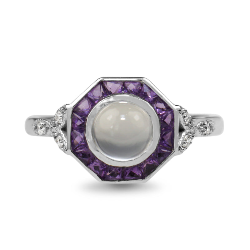 9ct White Gold Moonstone, Amethyst and Diamond Deco Style Ring