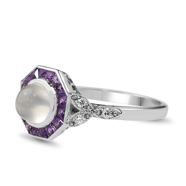 9ct White Gold Moonstone, Amethyst and Diamond Deco Style Ring