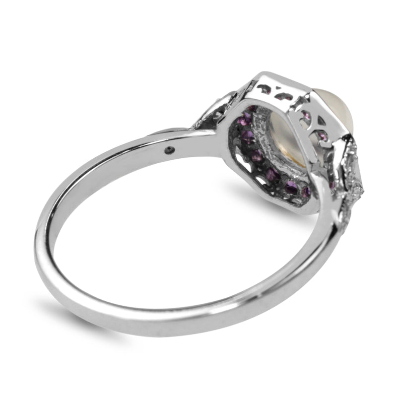 9ct White Gold Moonstone, Amethyst and Diamond Deco Style Ring