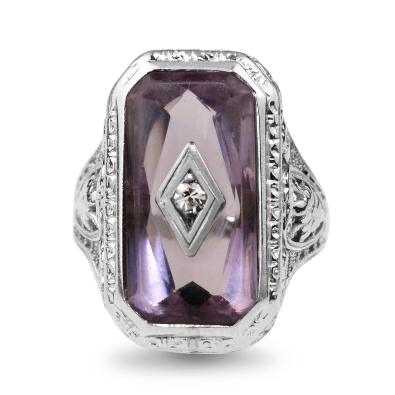 18ct White Gold Antique Filigree Amethyst and Diamond Signet Ring