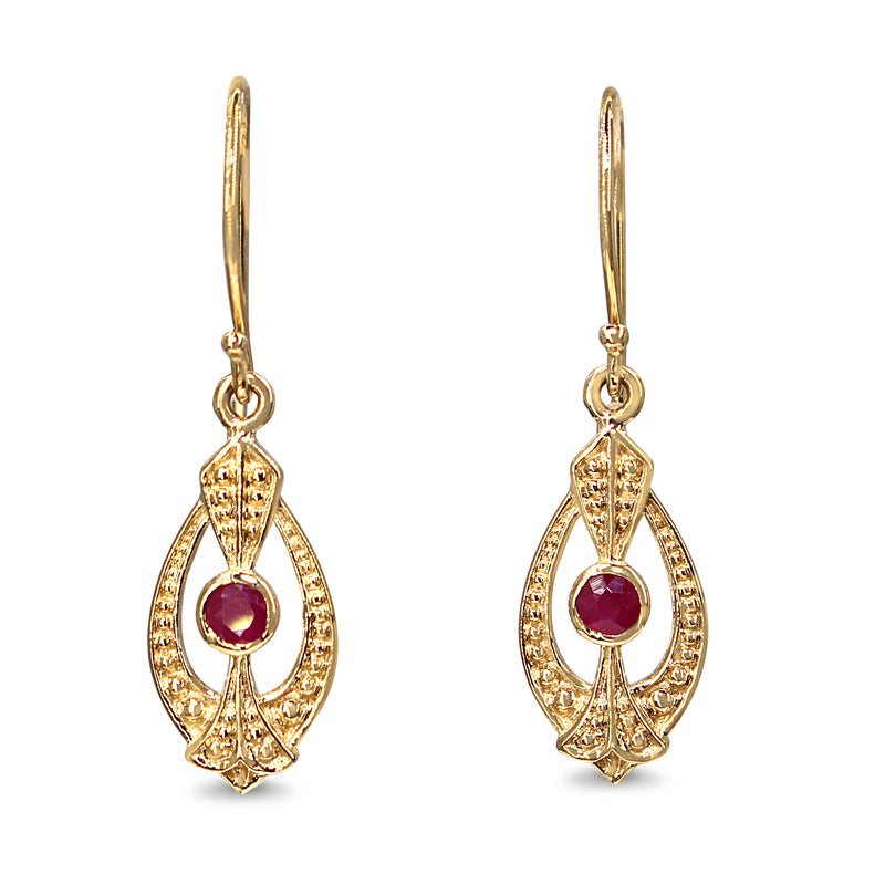 9ct Yellow Gold Ruby Art Deco Style Earrings