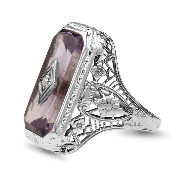 18ct White Gold Antique Filigree Amethyst and Diamond Signet Ring