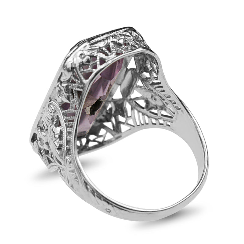 18ct White Gold Antique Filigree Amethyst and Diamond Signet Ring