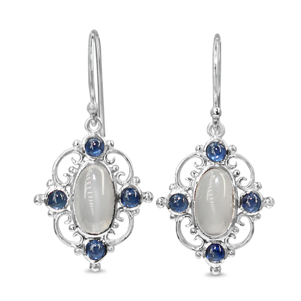 9ct White Gold Vintage Style Sapphire and Moonstone Earrings
