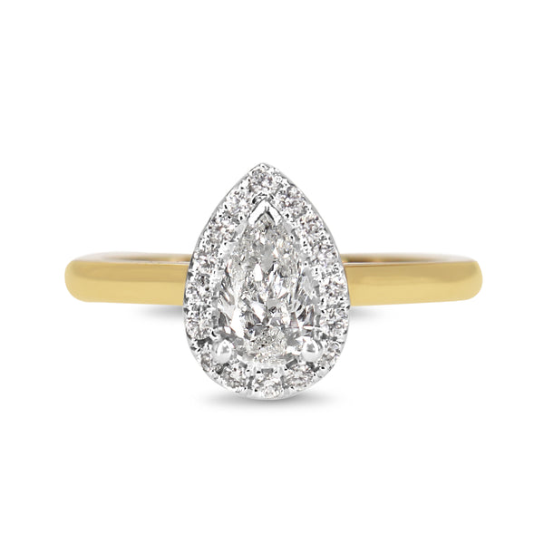 18ct Yellow and White Gold Pear Shaped Diamond Halo Ring