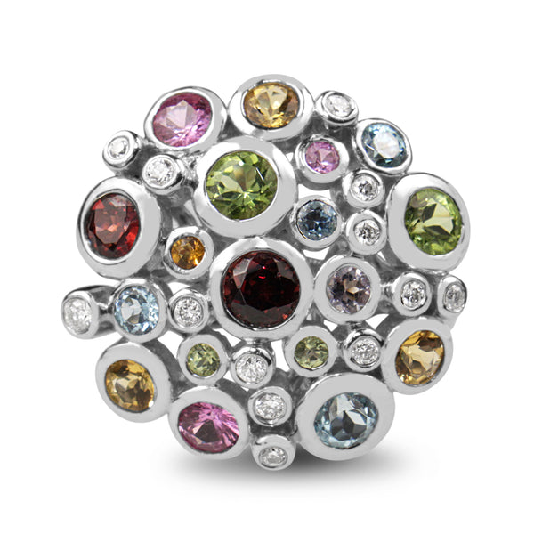 9ct White Gold Diamond, Peridot, Garnet, Topaz, Citrine, and Pink Sapphire Cocktail Ring
