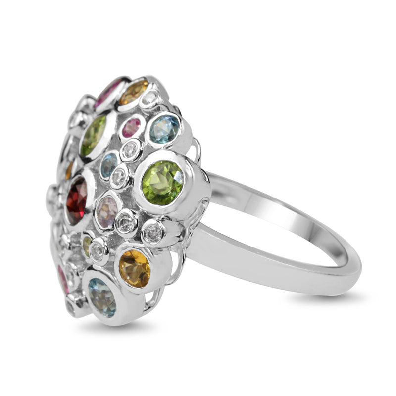 9ct White Gold Diamond, Peridot, Garnet, Topaz, Citrine, and Pink Sapphire Cocktail Ring