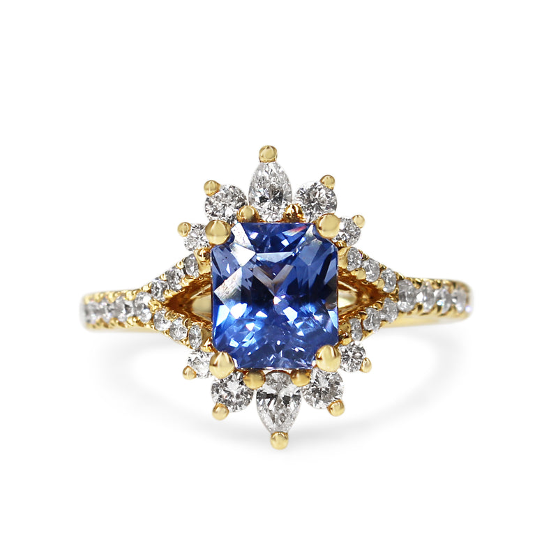 18ct Yellow Gold Radiant Cut Sapphire and Pear Diamond Ring with Split Shank