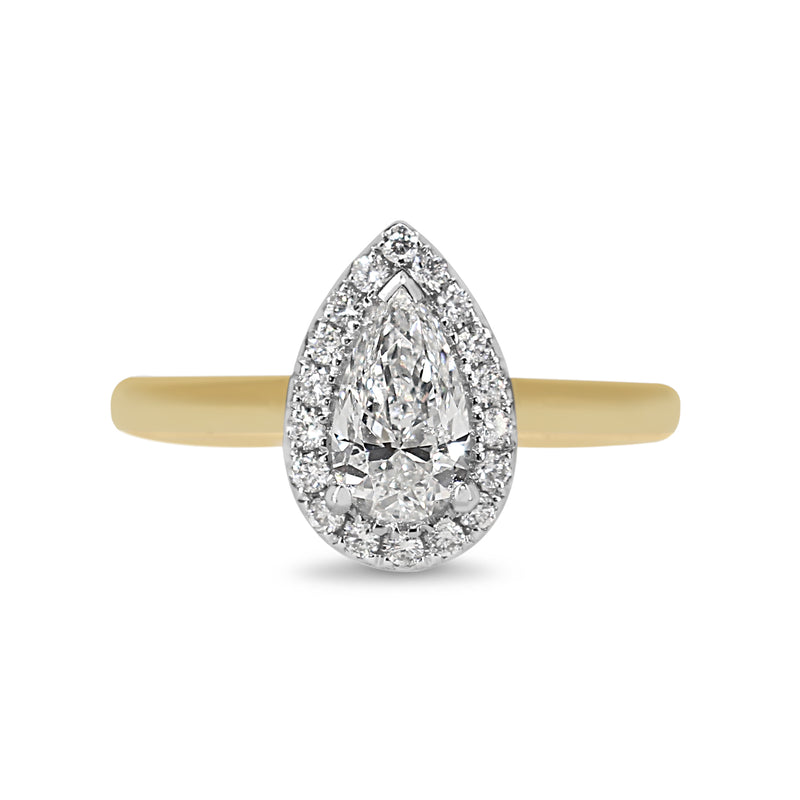 18ct Yellow and White Gold Pear Diamond Halo Ring