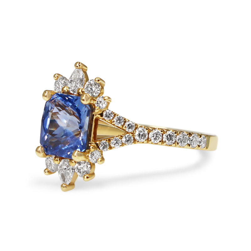 18ct Yellow Gold Radiant Cut Sapphire and Pear Diamond Ring with Split Shank
