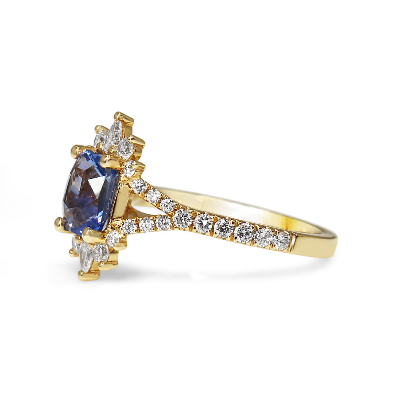 18ct Yellow Gold Radiant Cut Sapphire and Pear Diamond Ring with Split Shank