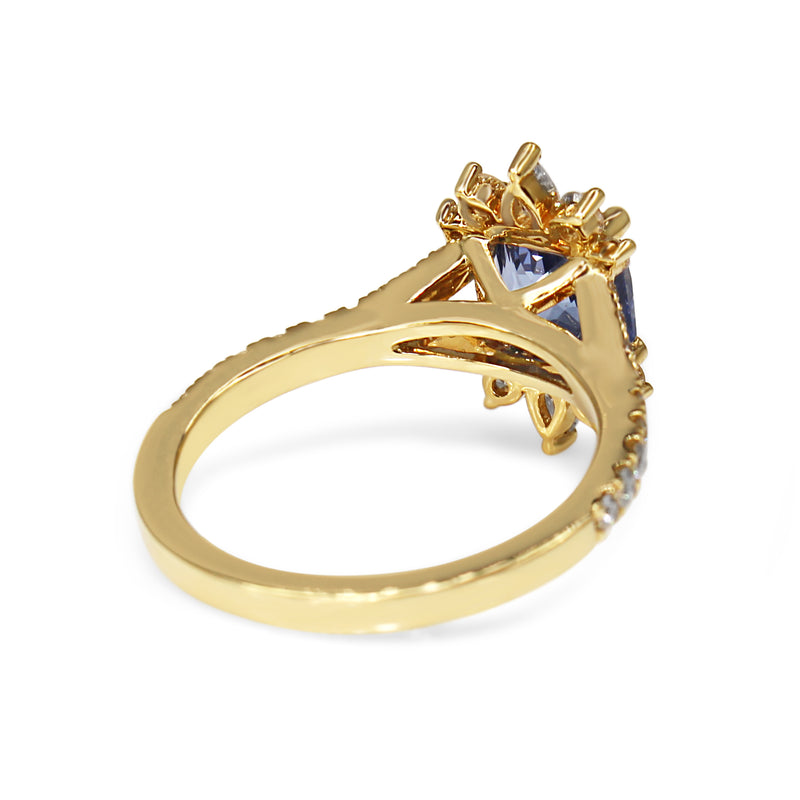 18ct Yellow Gold Radiant Cut Sapphire and Pear Diamond Ring with Split Shank