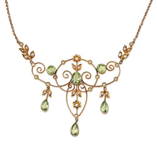 9ct Yellow Gold Antique Peridot and Pearl Necklace