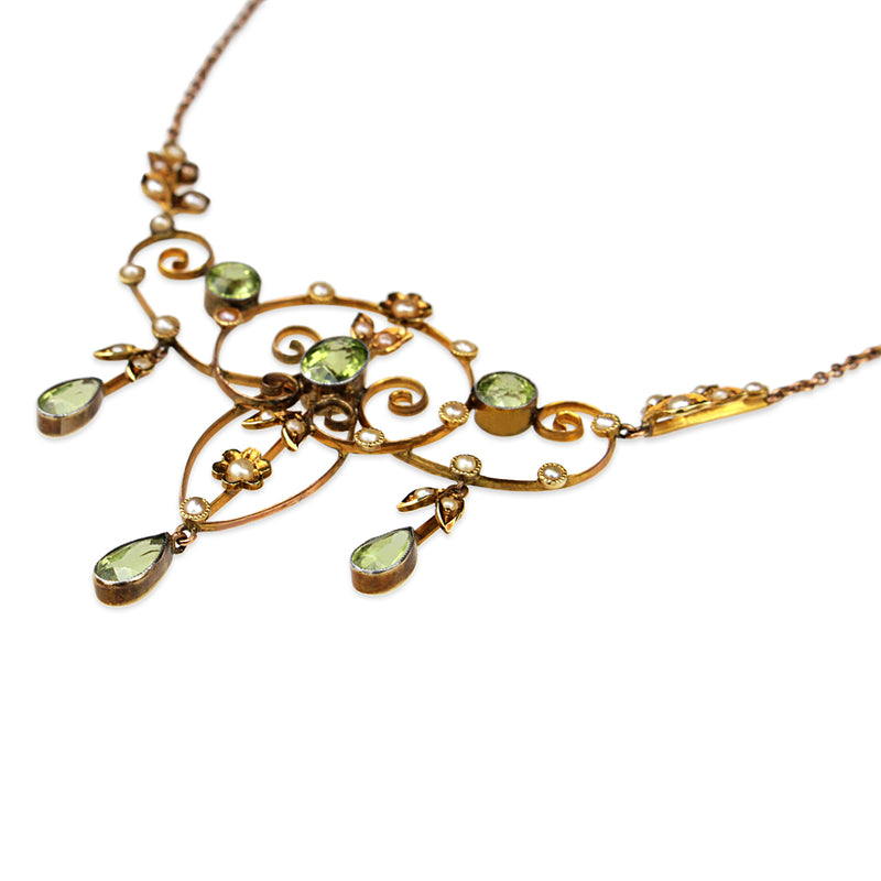 9ct Yellow Gold Antique Peridot and Pearl Necklace